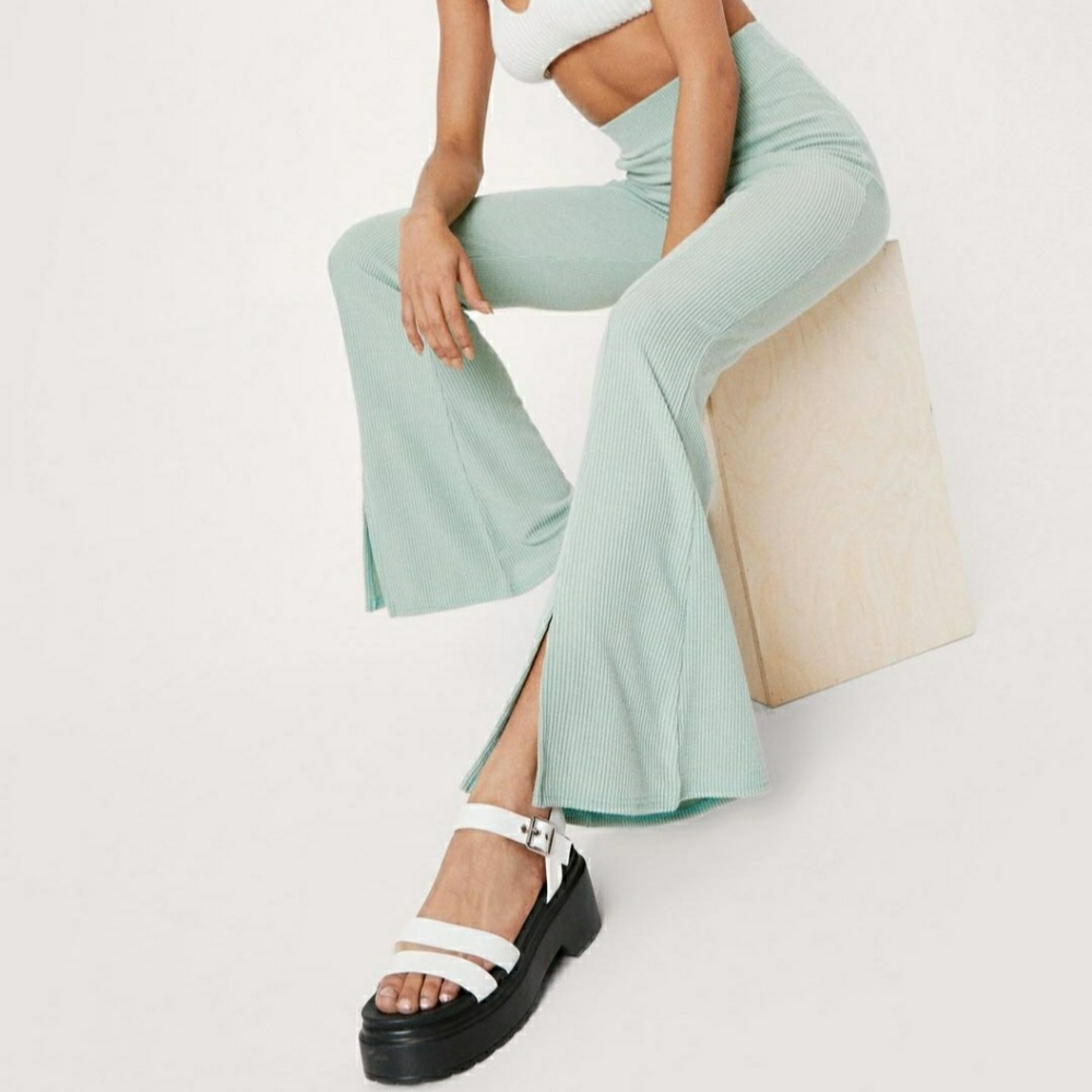 Sage / Mint Ribbed High Waisted Split Hem Flares